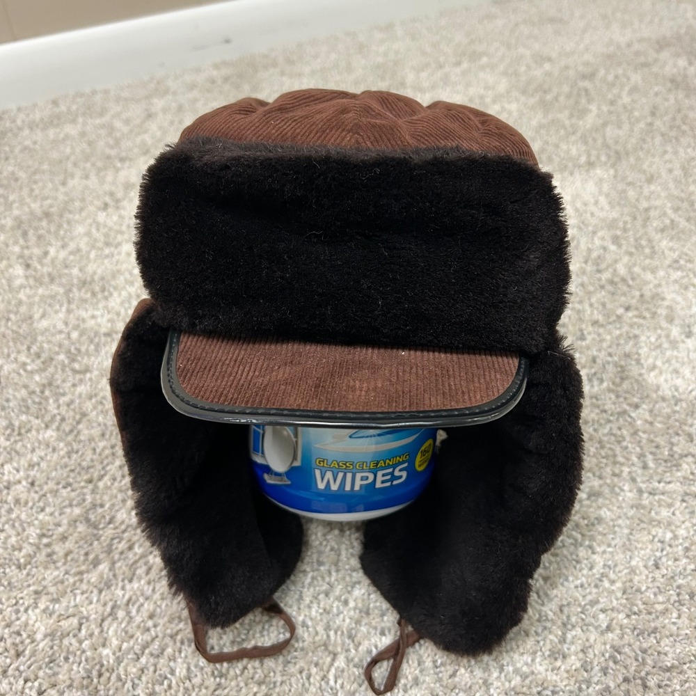 Swan Trapper Hat 57 Brown Corduroy Faux Fur Ear Flap Winter Bomber Cap